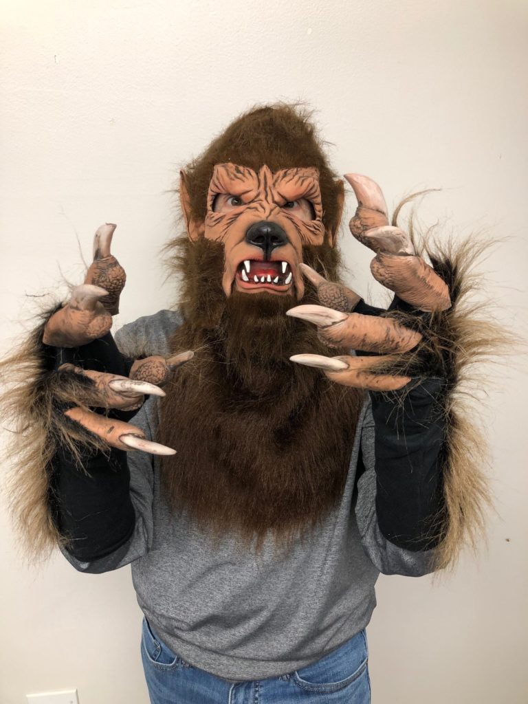 WolfMan Werewolf Costume with Wolf Man Latex Mask, Brown Faux Fur Collar and Bro K1M3006-C1027-G1029