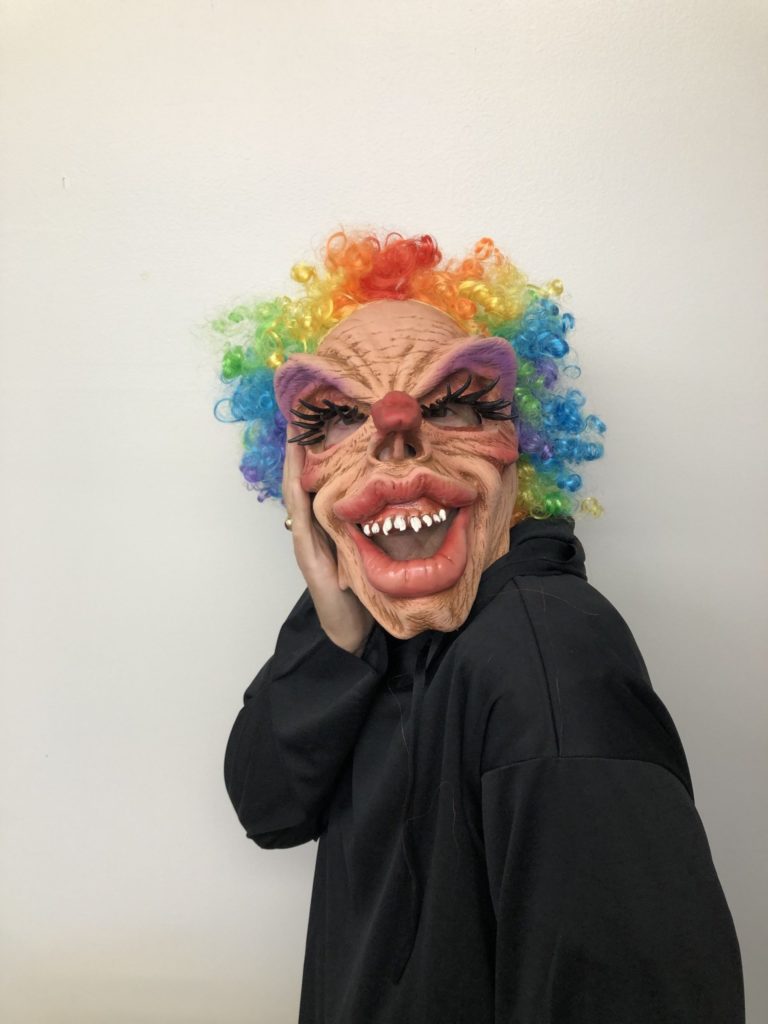Fanny Bones, Evil Female Clown Character Latex Face Mask with Exaggerated Eye La BS1014