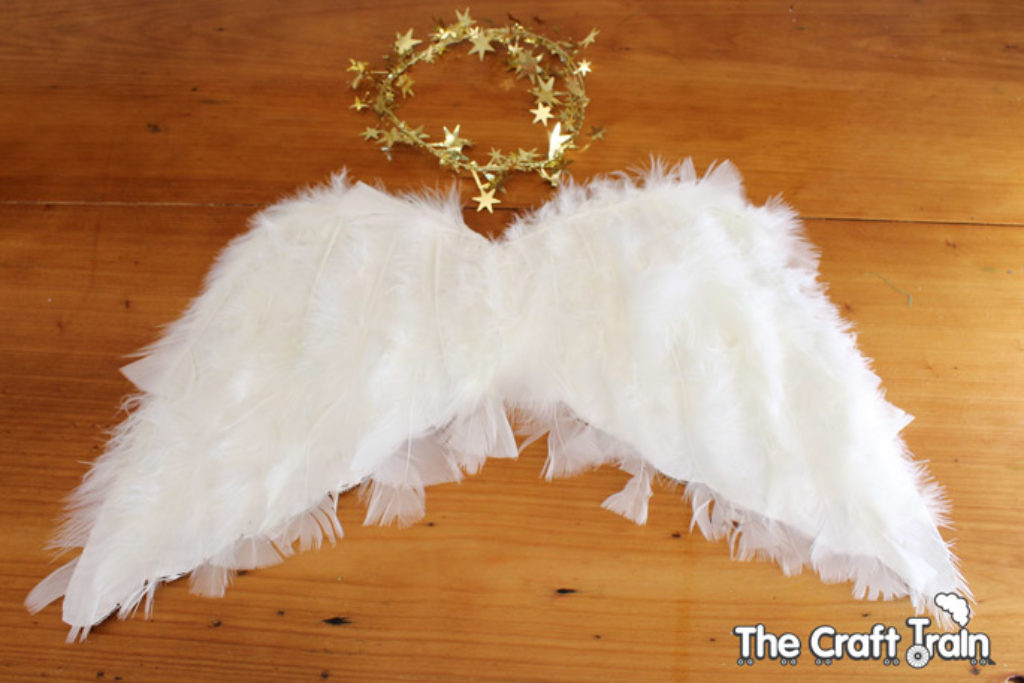 DIY angel wings made from glue, cardboard and feathers
